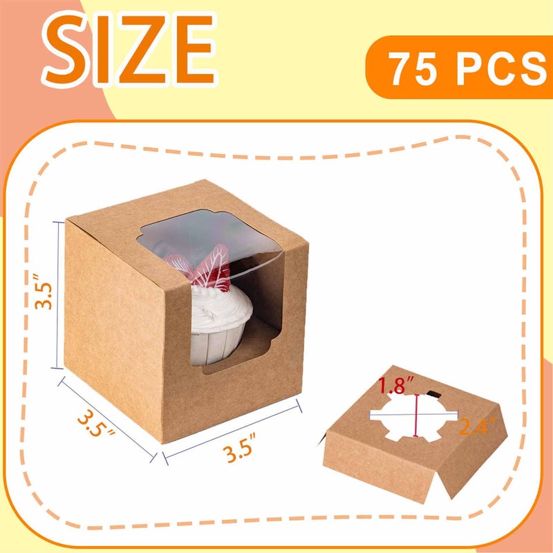 BOOMIBOO 75 Pack Individual Cupcake Containers, Cupcake Boxes with Window, Food Grade Cupcake Holders with Inserts, Stackable Deep Cupcake Carrier (Brown) - Image 2